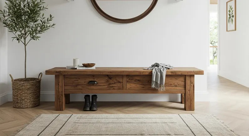 Handcrafted Entryway Bench with Drawer, Rustic Reclaimed Wood Bench