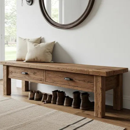 Handcrafted Entryway Bench with Drawer, Rustic Reclaimed Wood Bench